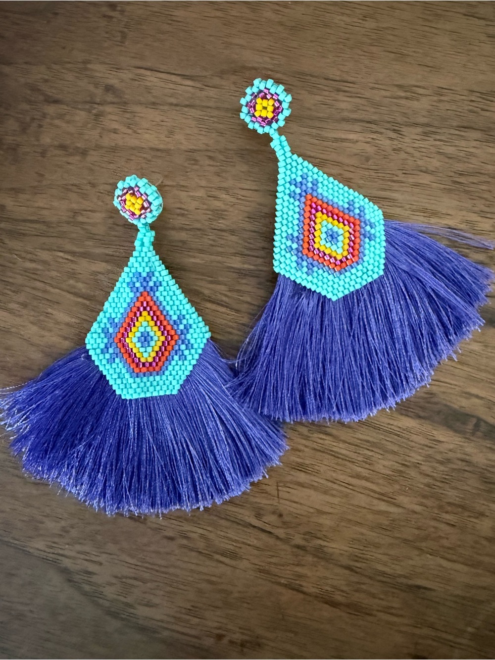 Handmade Turquoise & Purple Beaded Tassel Earrings - Made in Mexico